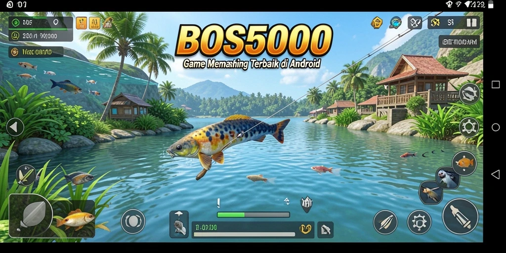 Screenshot gameplay BOS5000 menampilkan aksi memancing yang mendebarkan.