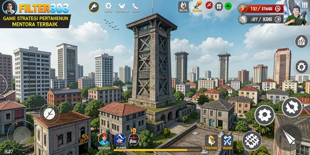 Tangkapan layar gameplay FILTER303 menampilkan menara yang berfungsi dalam pertempuran.