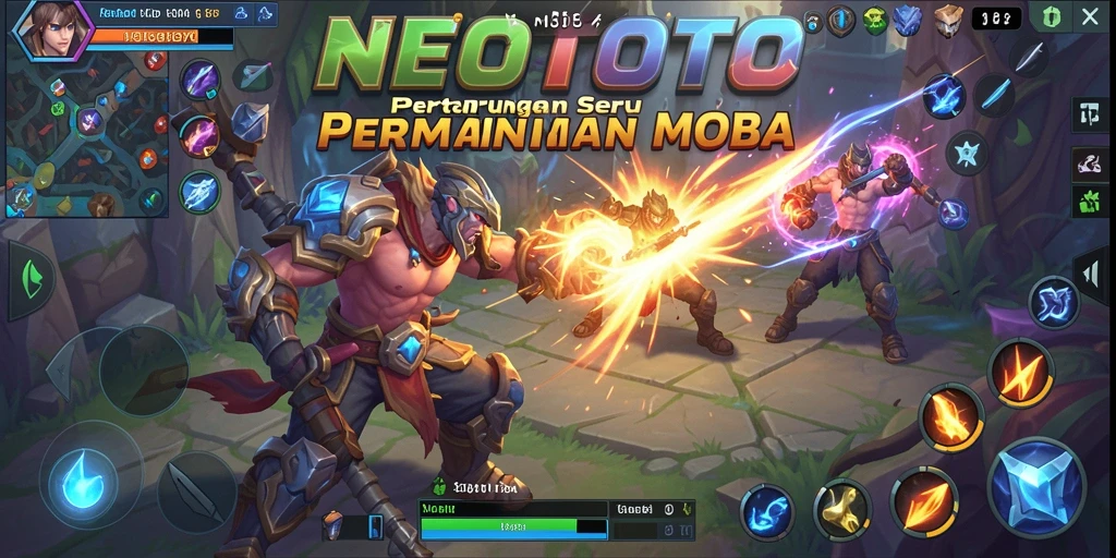 Screenshot utama NEOTOTO menampilkan pertarungan seru dengan karakter menarik.