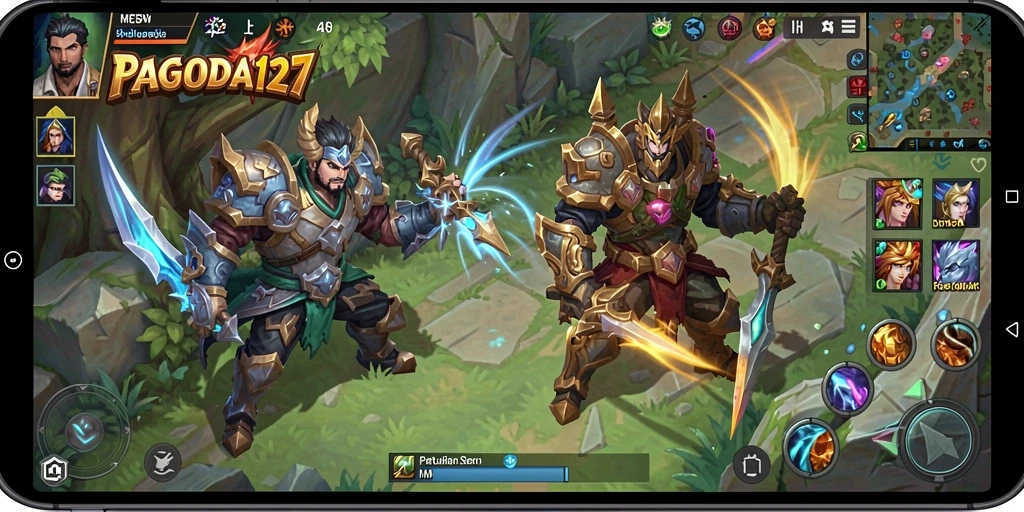 Tangkapan layar dari permainan PAGODA127 yang menampilkan aksi MOBA yang intens.