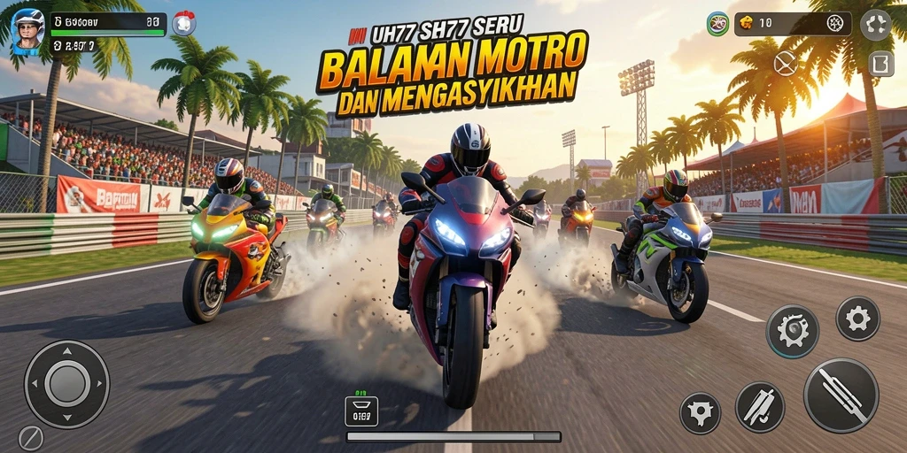 Tampilan gameplay UH77 yang memukau dengan aksi balapan motor.