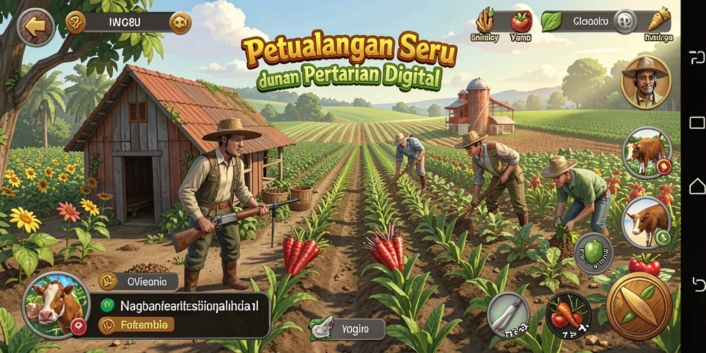 Screenshot gameplay WG87 menampilkan ladang hijau subur dan aktivitas bertani.